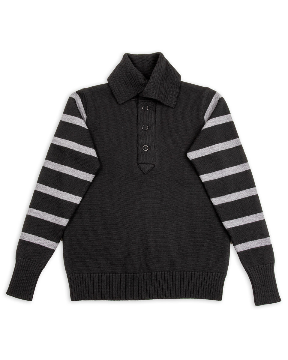 Black Sign 1920s Worsted Byron Collar Jersey x Border Sleeves - Mat Black x Rat Gray Border - Standard & Strange