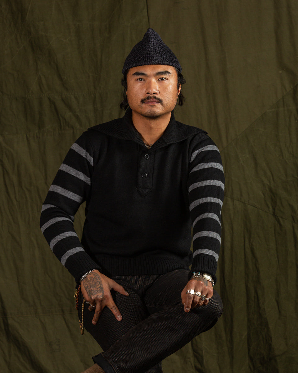 Black Sign 1920s Worsted Byron Collar Jersey x Border Sleeves - Mat Black x Rat Gray Border - Standard & Strange