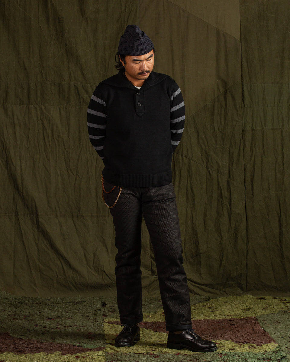 Black Sign 1920s Worsted Byron Collar Jersey x Border Sleeves - Mat Black x Rat Gray Border - Standard & Strange