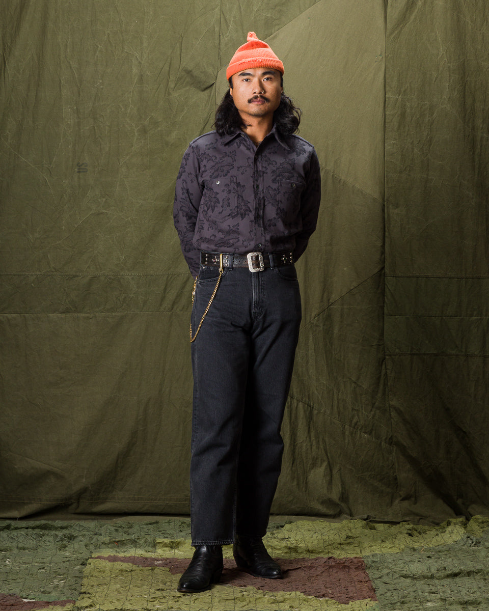 Black Sign Flower Jacquard Heavy Weight Open Pocket Work Shirt - Lead Gray - Standard & Strange