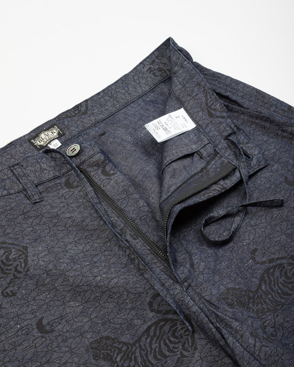 Black Sign Tiger & Crescent Moon Adjustable Waist Trousers - Deep Indigo - Standard & Strange