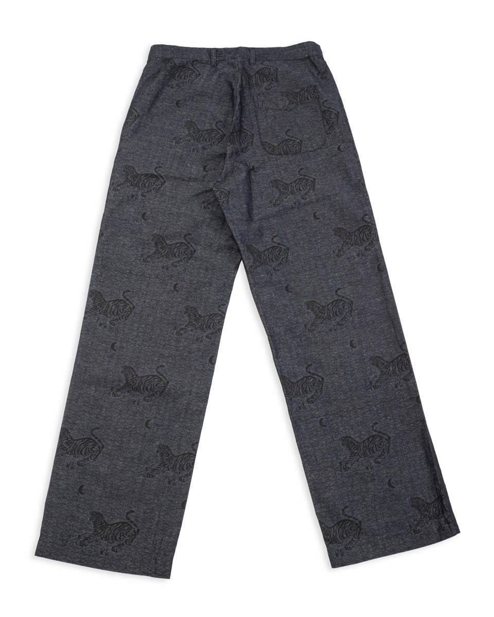 Black Sign Tiger & Crescent Moon Adjustable Waist Trousers - Deep Indigo - Standard & Strange