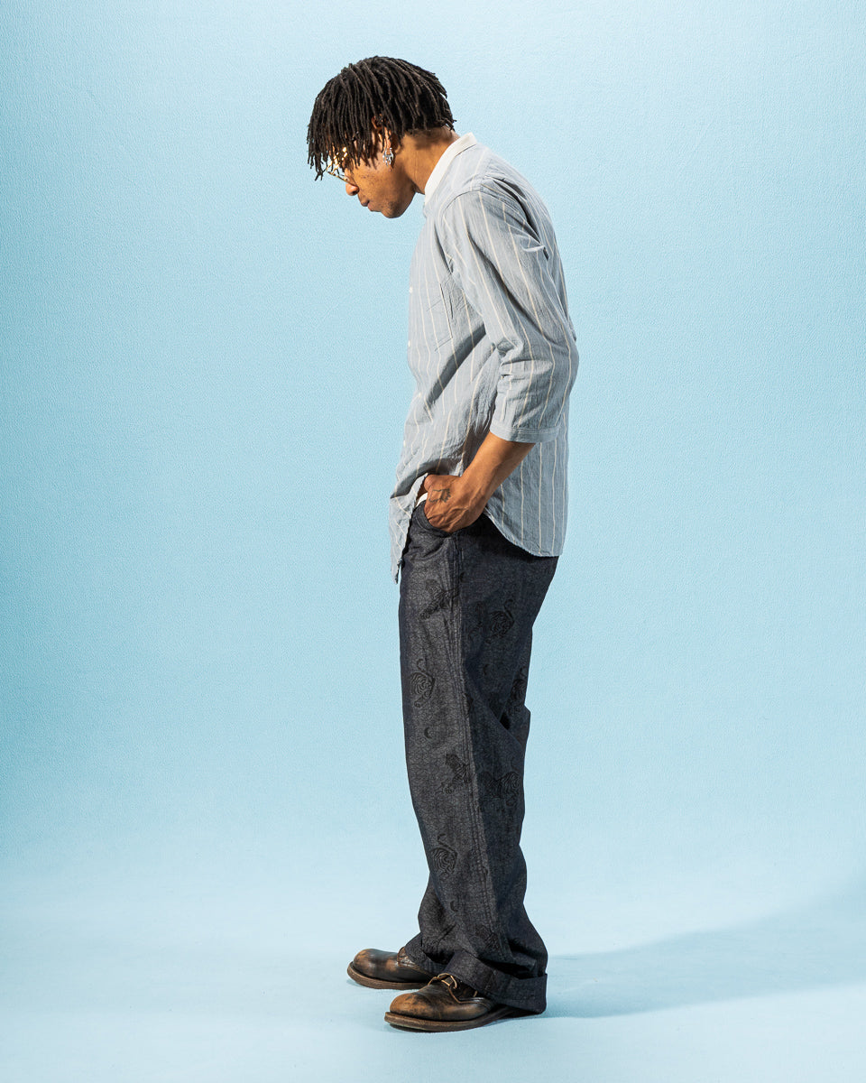 Black Sign Tiger & Crescent Moon Adjustable Waist Trousers - Deep Indigo - Standard & Strange