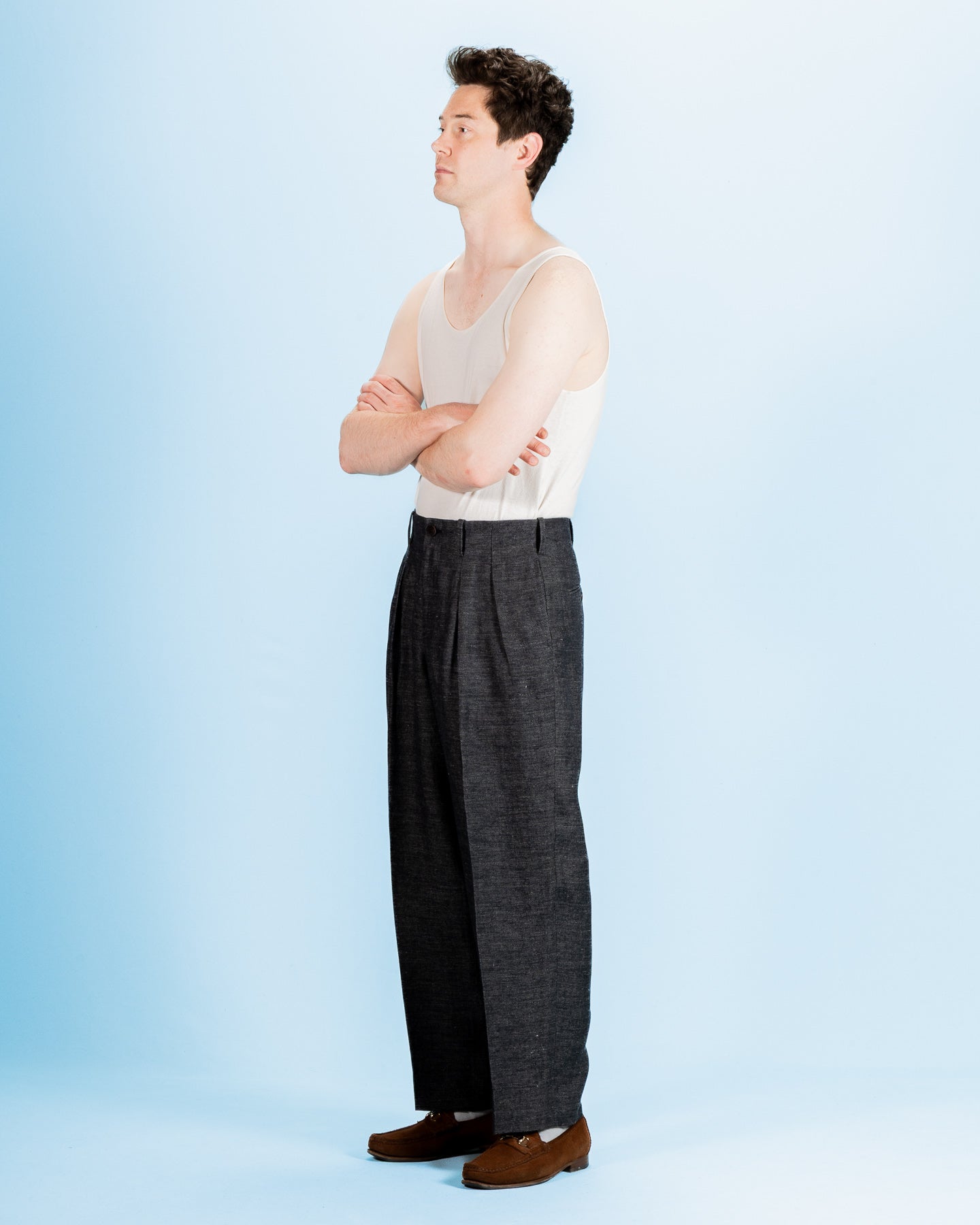 Gorsch Linen 2 Tuck Trousers - Navy/Grey - Standard & Strange