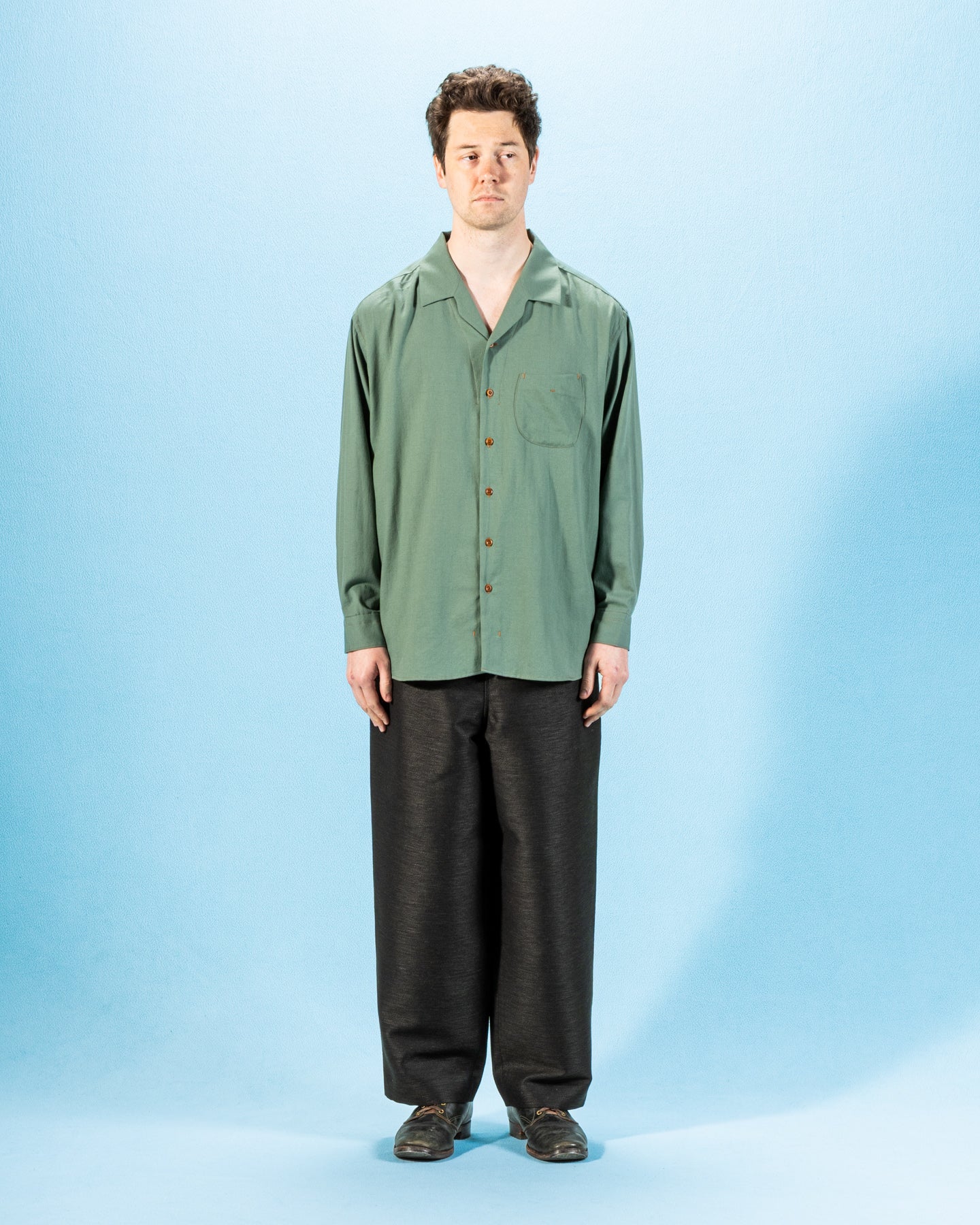 Gorsch Wide Silhouette Open Collar Shirt - Green Cotton Wool - Standard & Strange