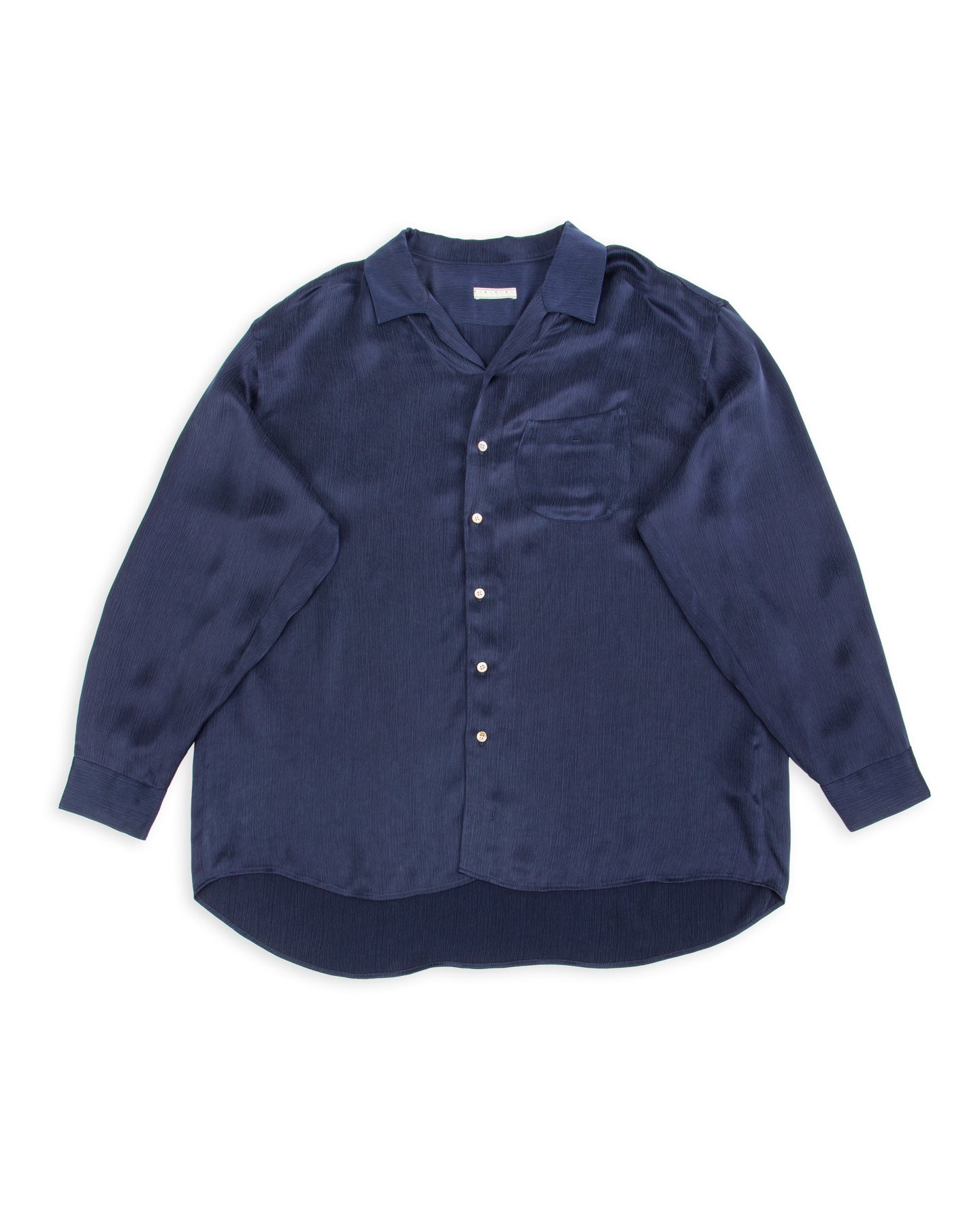 Gorsch Wide Silhouette Open Collar Shirt - Navy Satin Crinkle Cupra - Standard & Strange