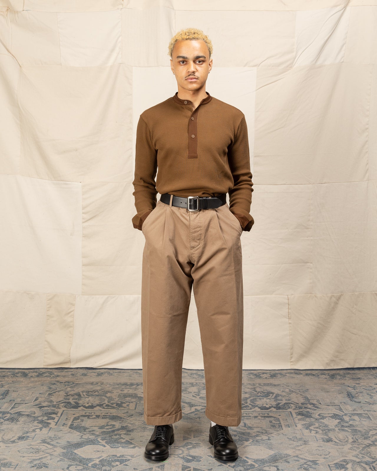 Hansen Bobby Wide Pleated Trousers - Beige Brushed Cotton Drill - Standard & Strange