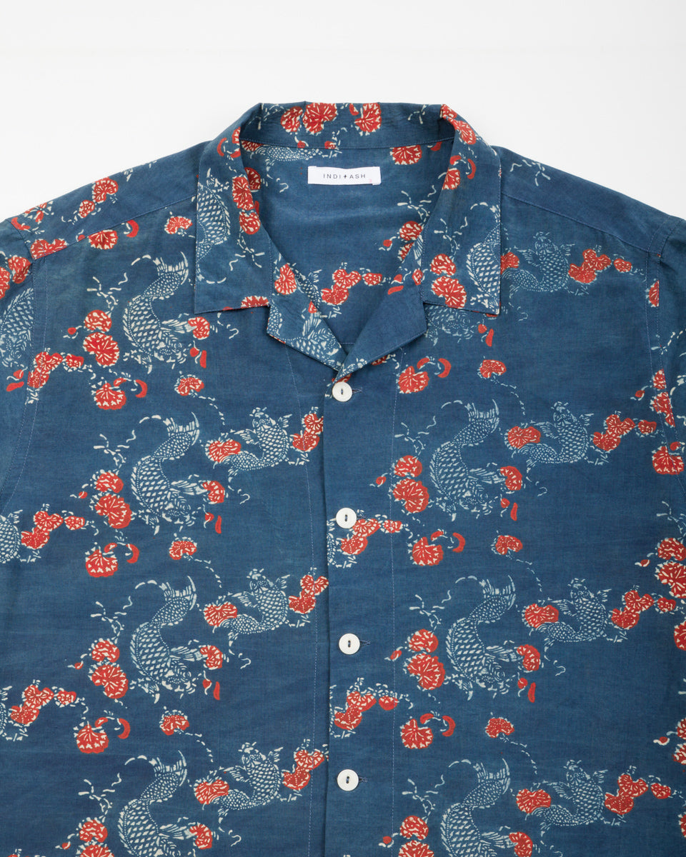 Indi + Ash Lake Camp Shirt - Silk/Cotton Indigo/Madder Roving Koi Print - Standard & Strange