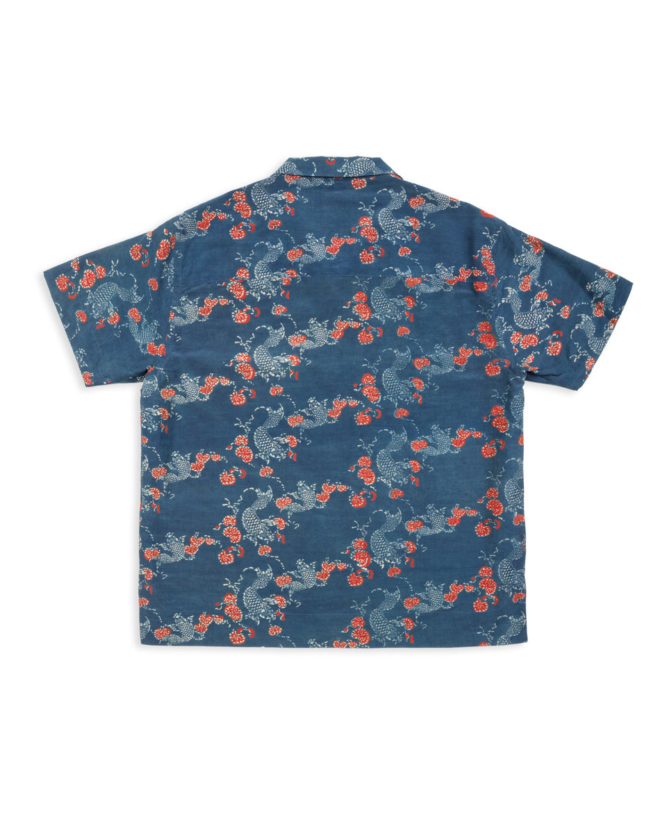 Indi + Ash Lake Camp Shirt - Silk/Cotton Indigo/Madder Roving Koi Print - Standard & Strange