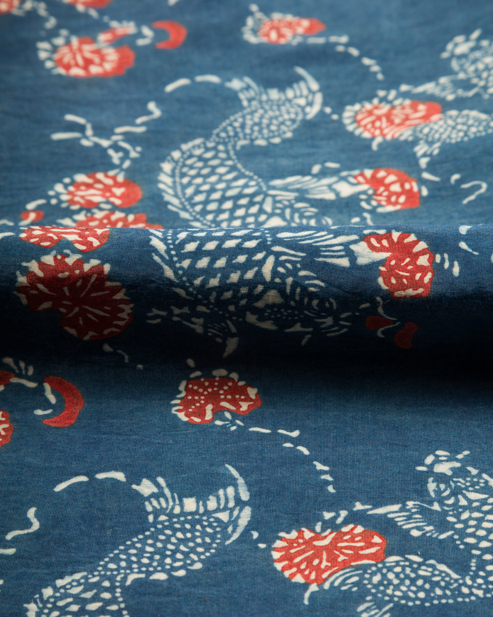 Indi + Ash Lake Camp Shirt - Silk/Cotton Indigo/Madder Roving Koi Print - Standard & Strange