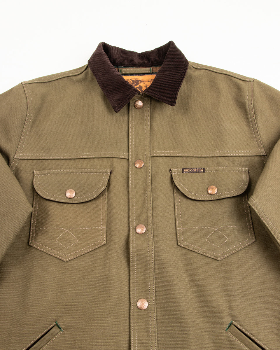 Indigofera Fargo Rider Jacket - Smithson Canvas Moss Green w/ Stripe Lining - Standard & Strange