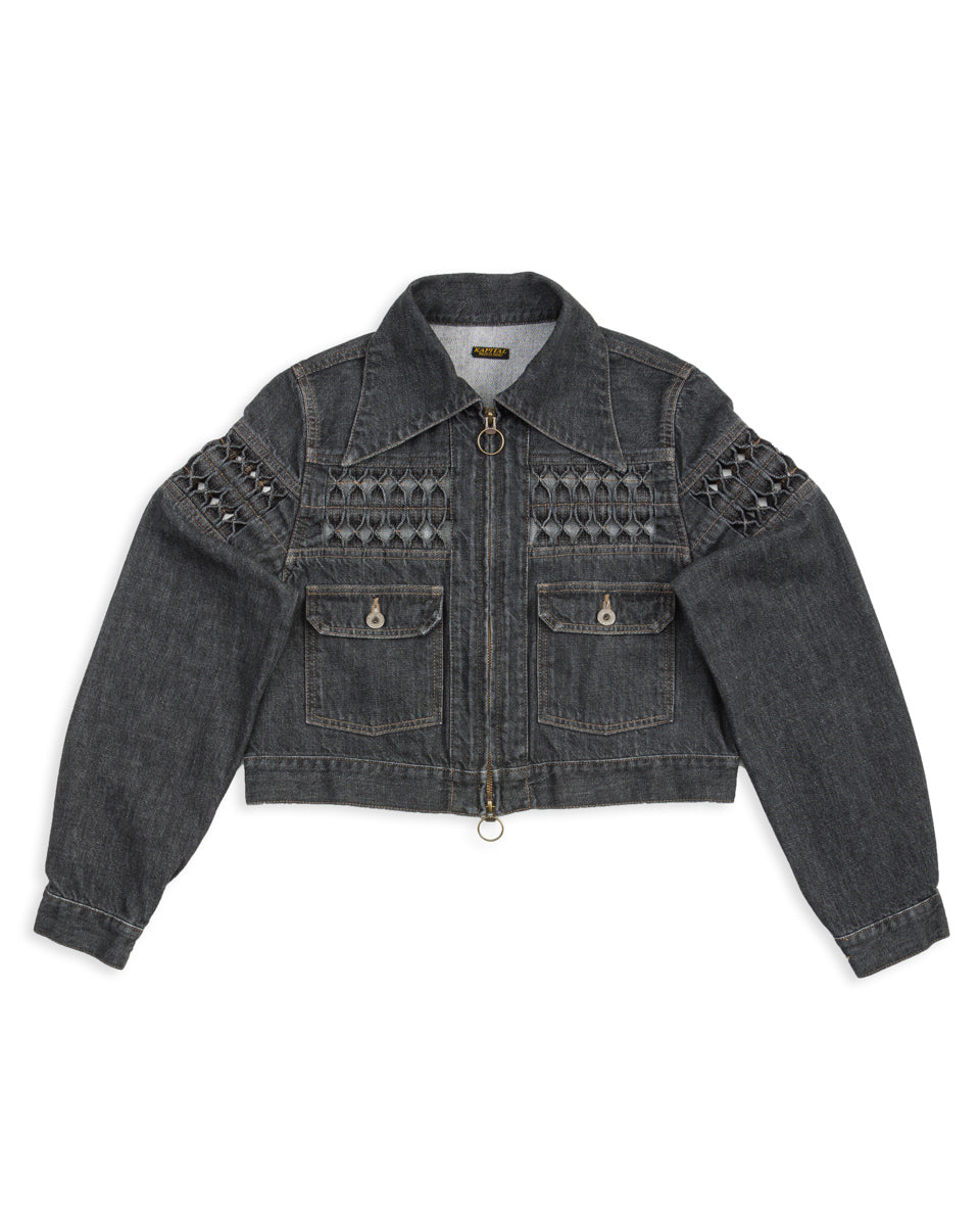 Kapital 11.5oz BLKxECR Denim GYPSY Cropped Drizzler JKT - Black x Ecru 1 - Standard & Strange