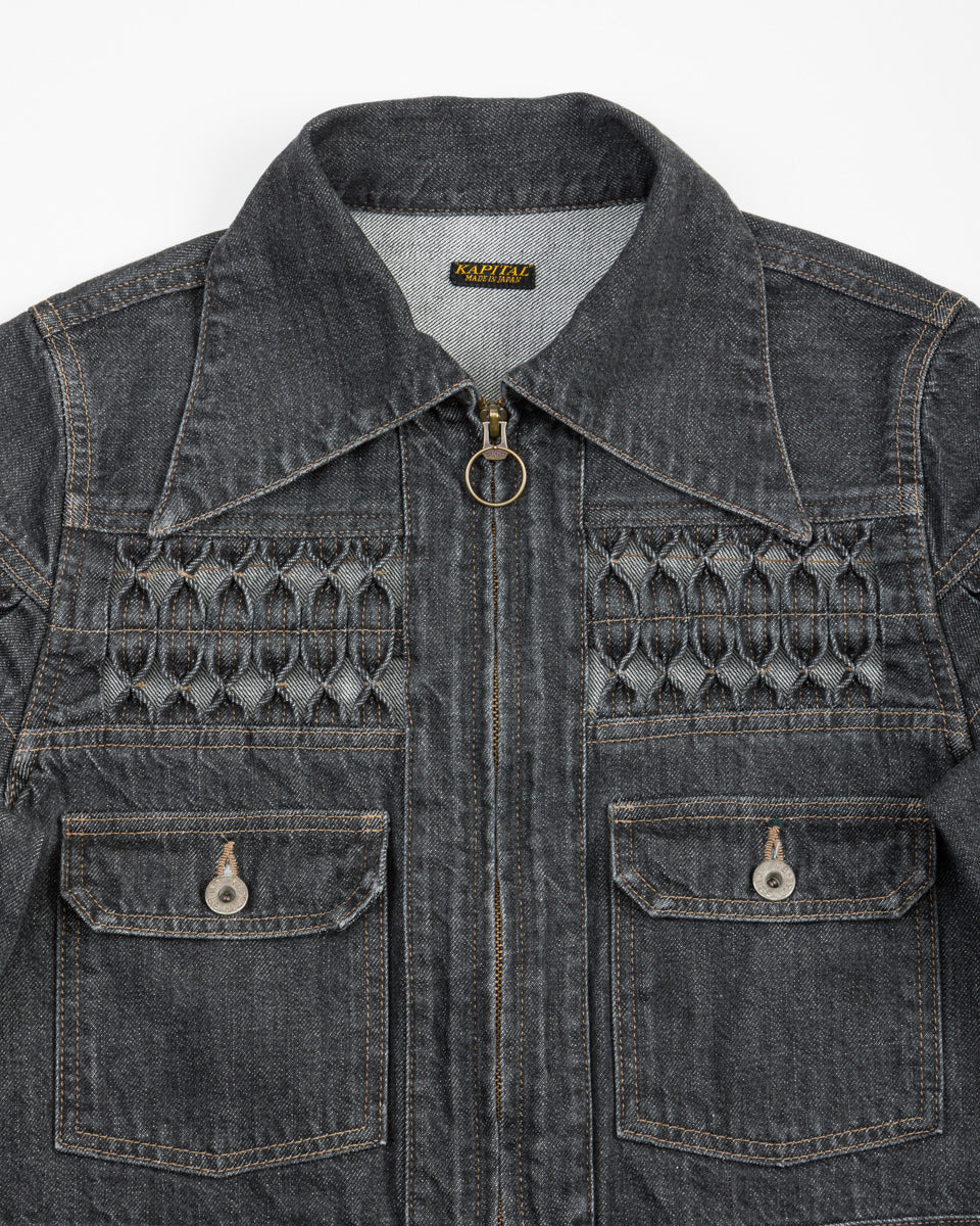 Kapital 11.5oz BLKxECR Denim GYPSY Cropped Drizzler JKT - Black x Ecru 1 - Standard & Strange