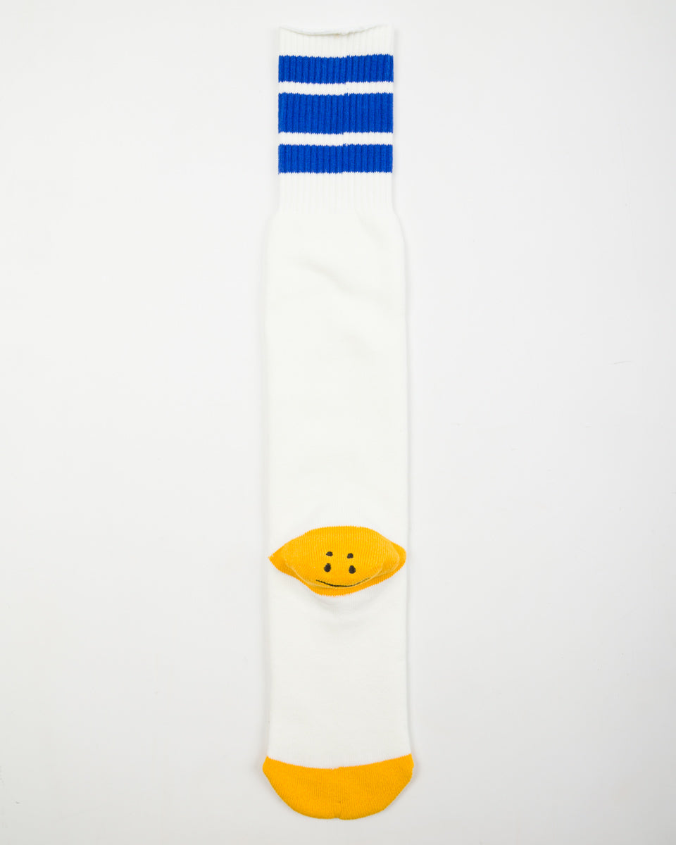 Kapital 144 Yarns HAPPY HEEL Embroidered SKATERS Knee-High Socks - White x Blue - Standard & Strange