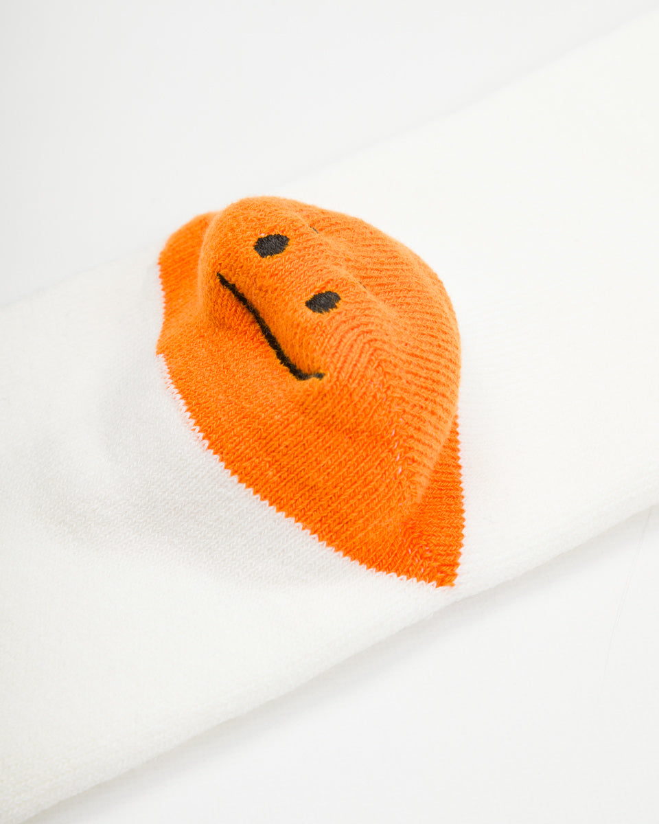 Kapital 144 Yarns HAPPY HEEL Embroidered SKATERS Knee-High Socks - White x Orange - Standard & Strange