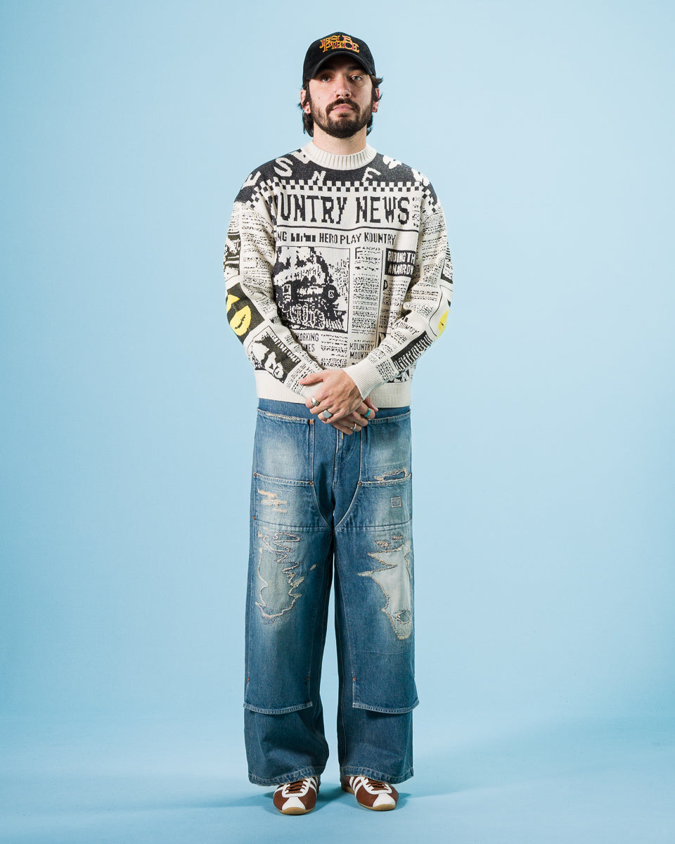 Kapital 8G Knit NEWSPAPER Crew Sweater(KOUNTRY NEWS) - Ecru - Standard & Strange