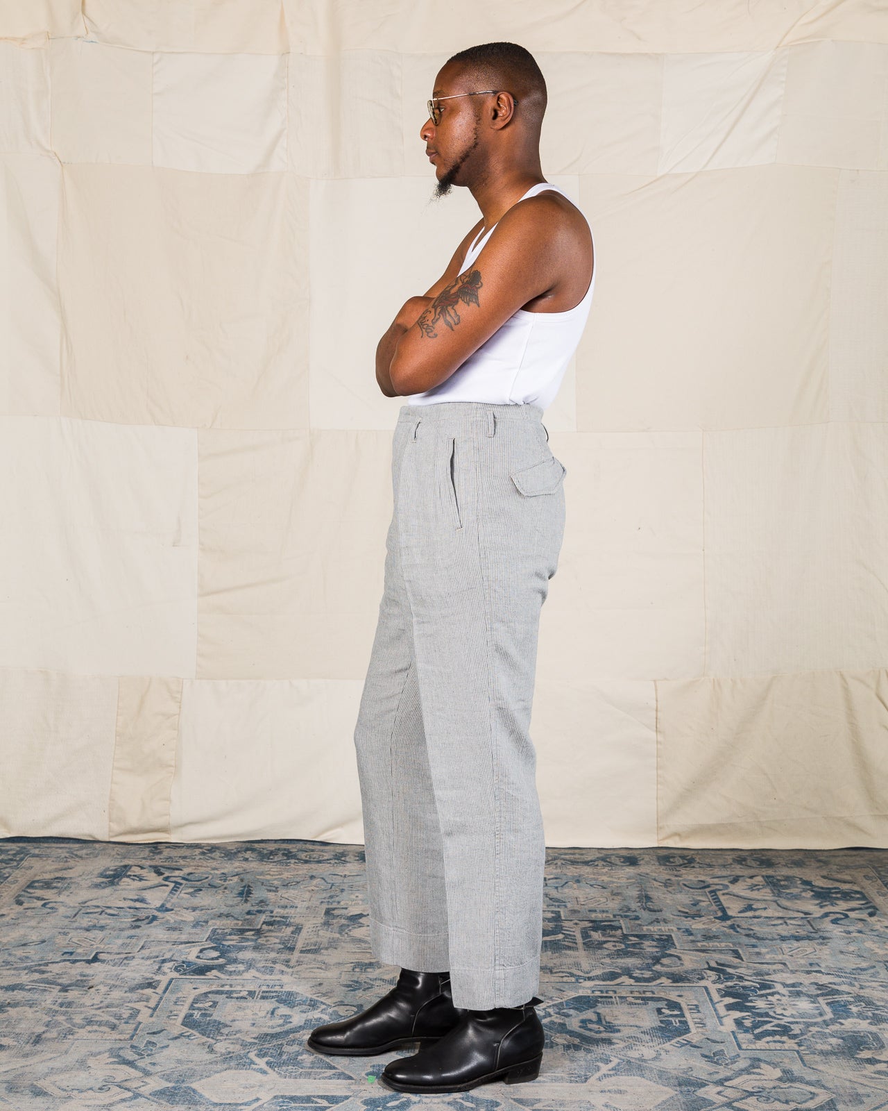 MotivMfg English Trousers - Light Grey Stripe High Twist Linen - Standard & Strange