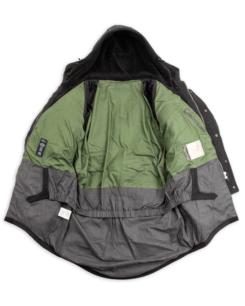 MotivMfg Lander Down Coat - Charcoal Halley Stevenson "Military Finish" Waxed Cotton - Standard & Strange