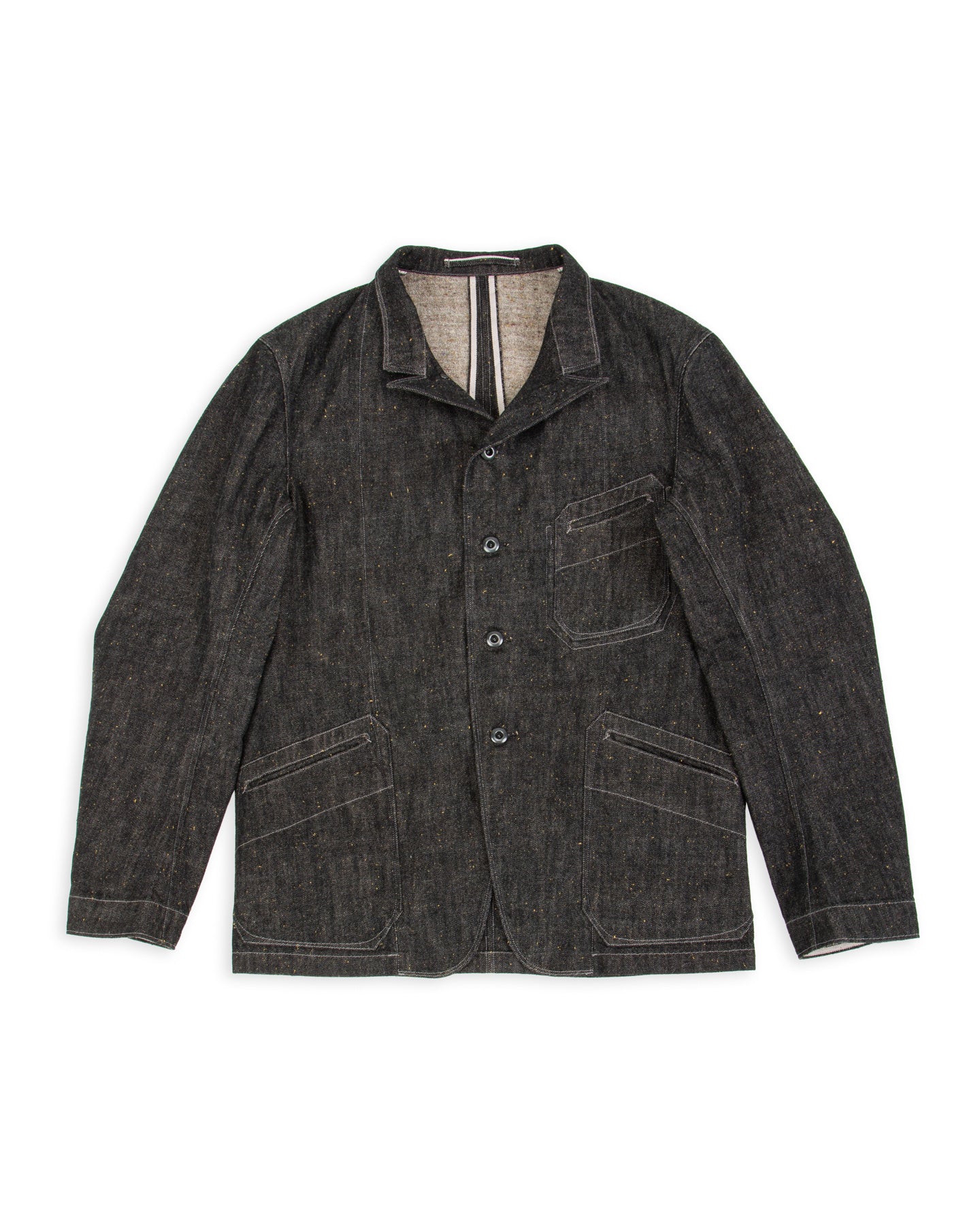 MotivMfg Peak Lapel Lounge Jacket - Char Brown Donegal Denim 