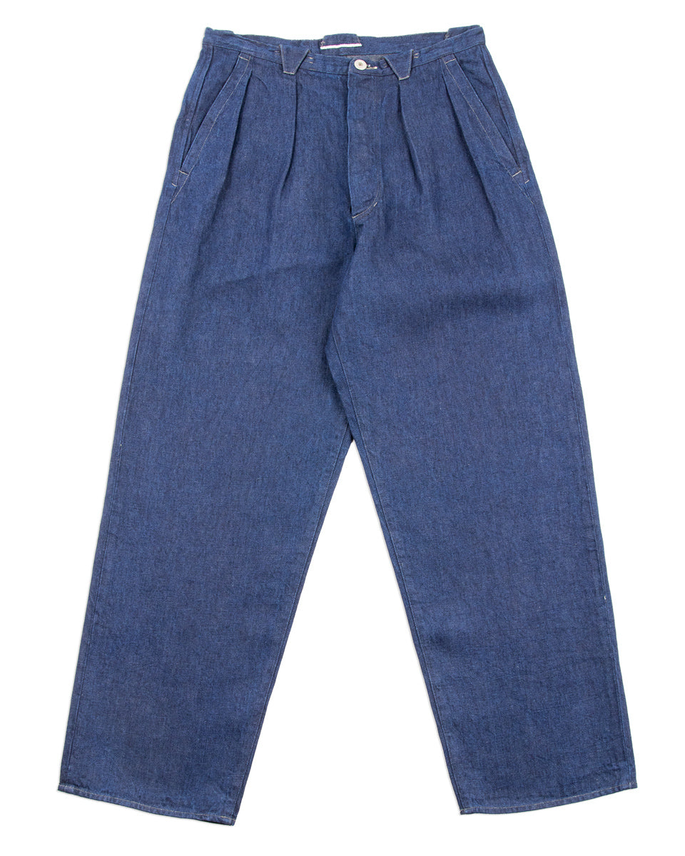 Pleat Denim Trousers - Indigo Linen Cotton Denim