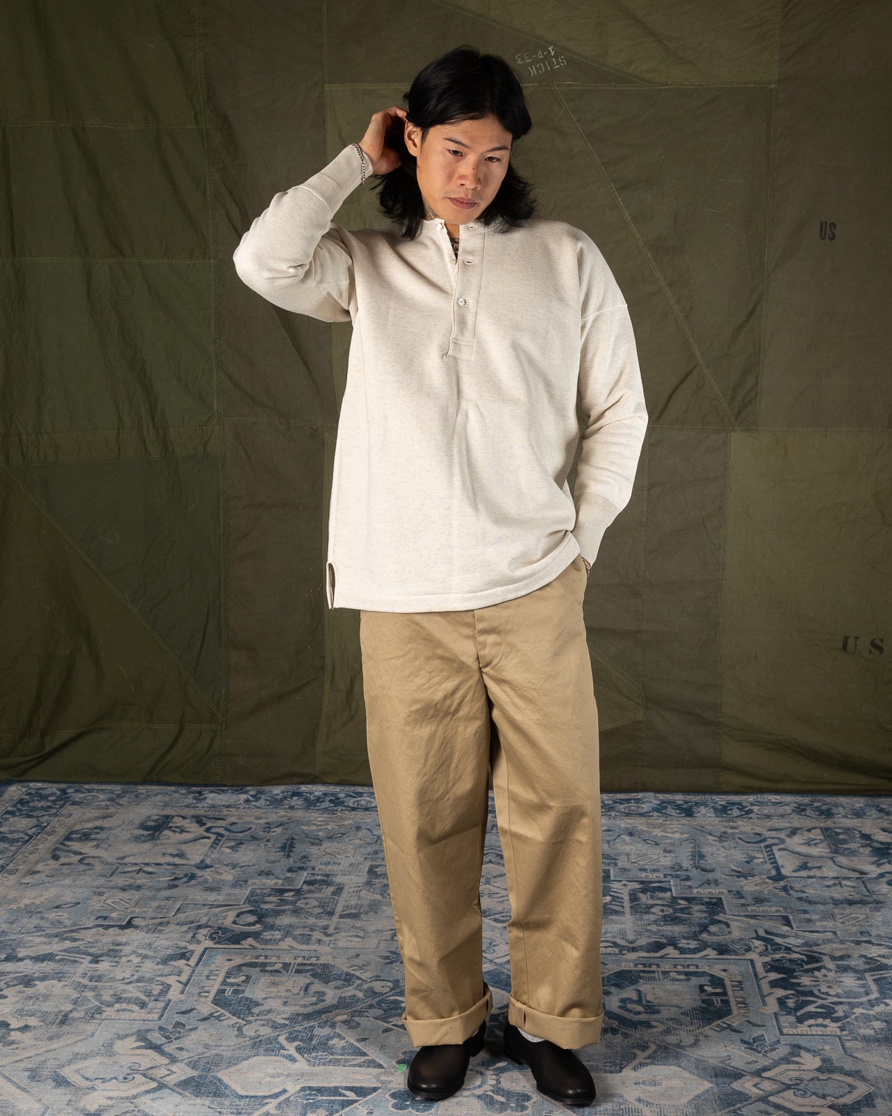 Olde Homesteader Cotton Fleece Henley Neck L/S - Ecru Heather - Standard & Strange