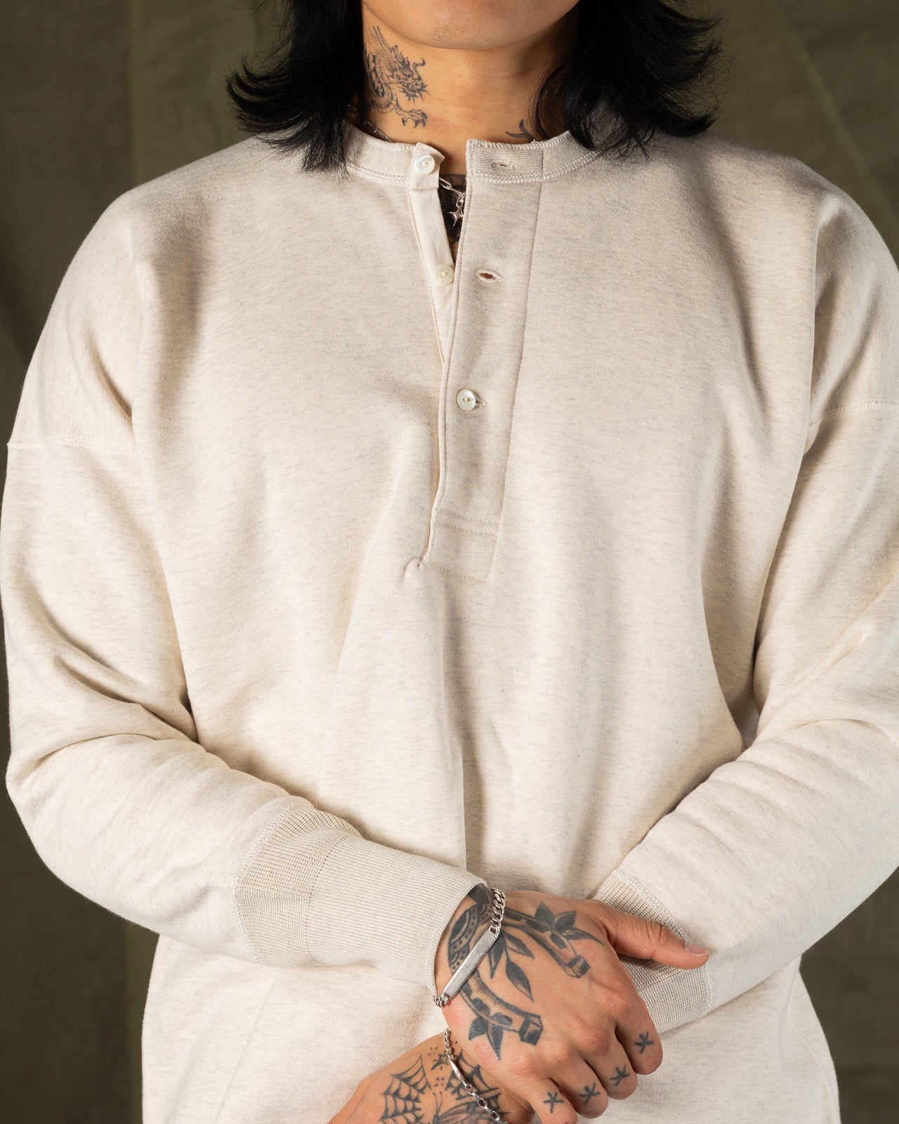 Olde Homesteader Cotton Fleece Henley Neck L/S - Ecru Heather - Standard & Strange