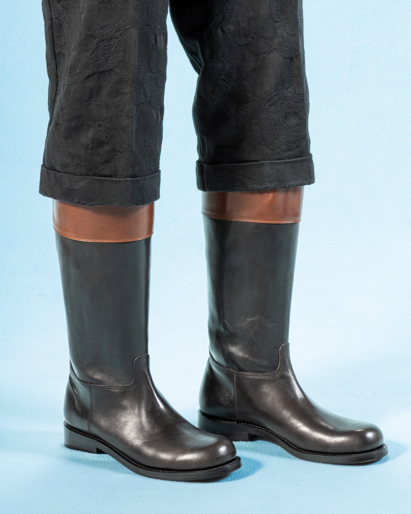 Rolling Dub Trio Rottweiler Riding Boots - Black & Brown Horsehide - Standard & Strange