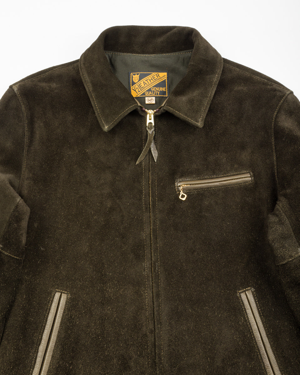 Y'2 Leather Y'2 x S&S Steer Suede Collared Single Riders Jacket (TR-65 Custom) - Olive - Standard & Strange