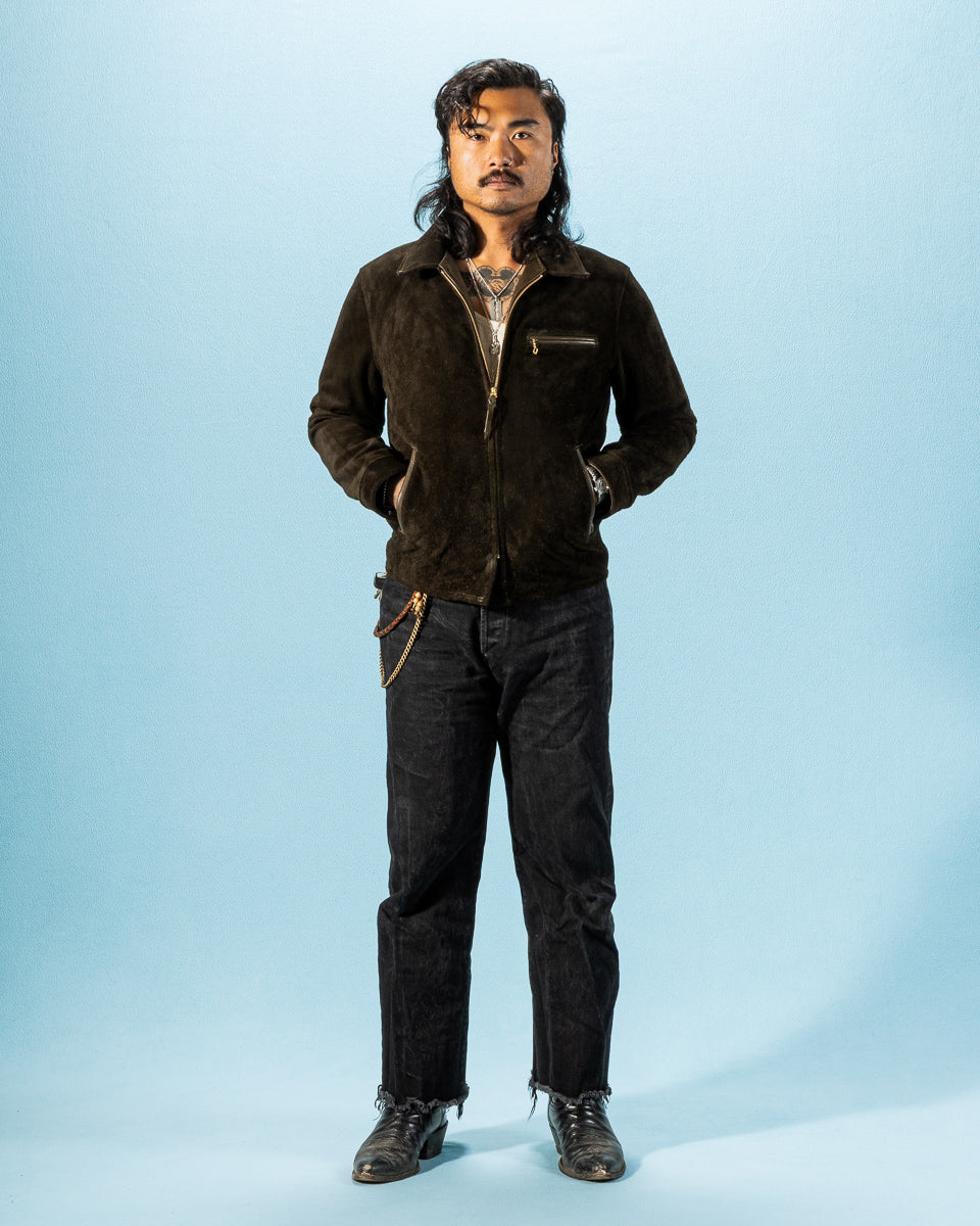 Y'2 Leather Y'2 x S&S Steer Suede Collared Single Riders Jacket (TR-65 Custom) - Olive - Standard & Strange