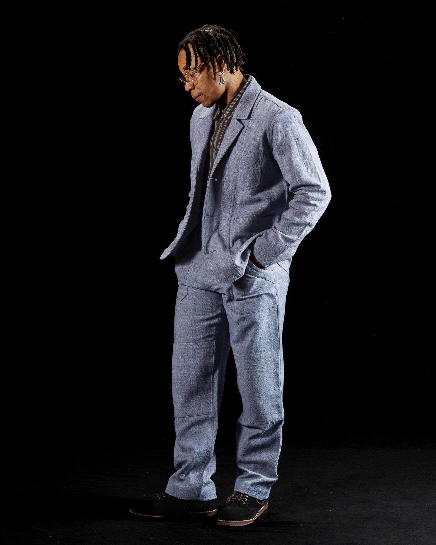 Study Jacket - Handwoven French Blue/Indigo Military Herringbone