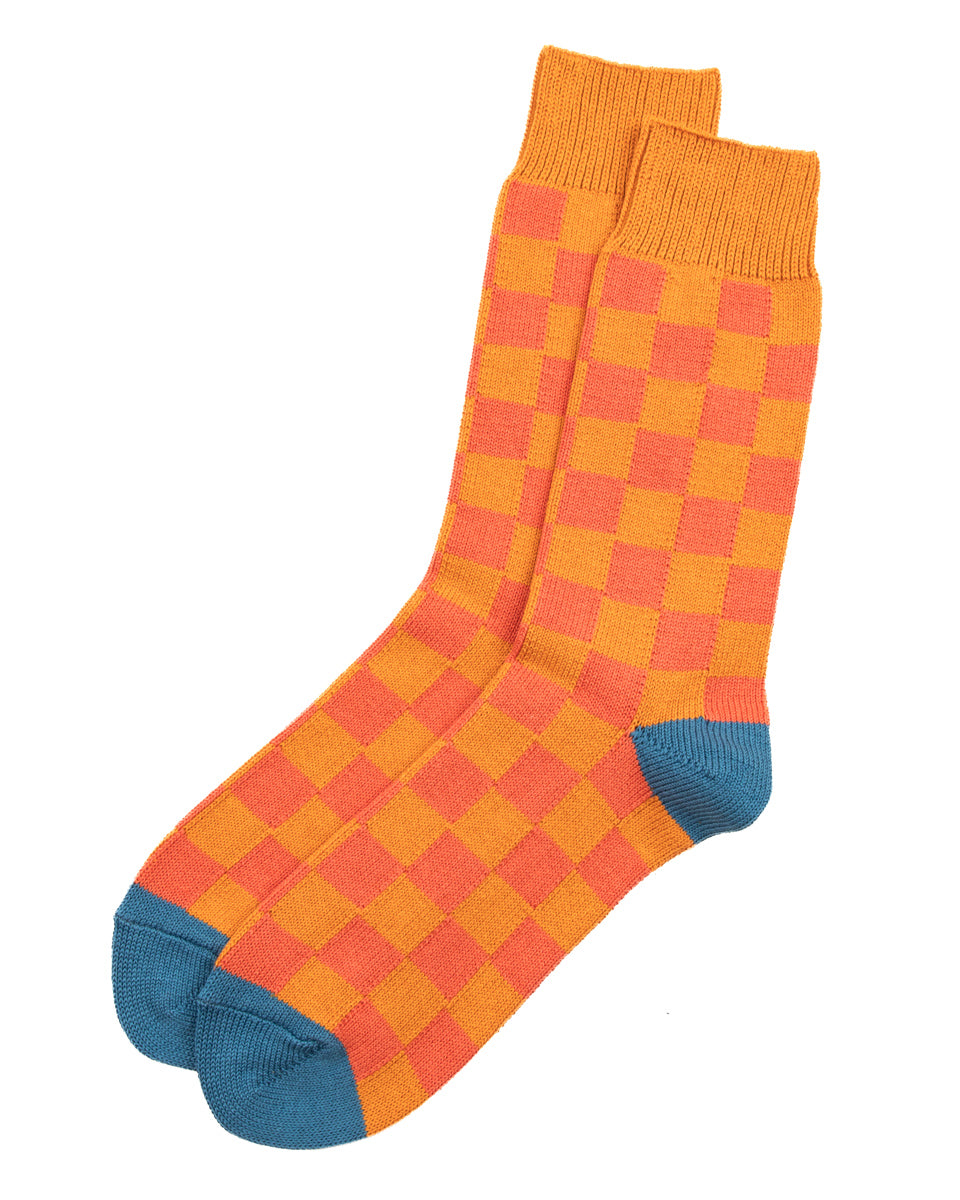 RoToTo Checkerboard Crew Socks - Light Orange/Terracotta/Blue - Standard & Strange