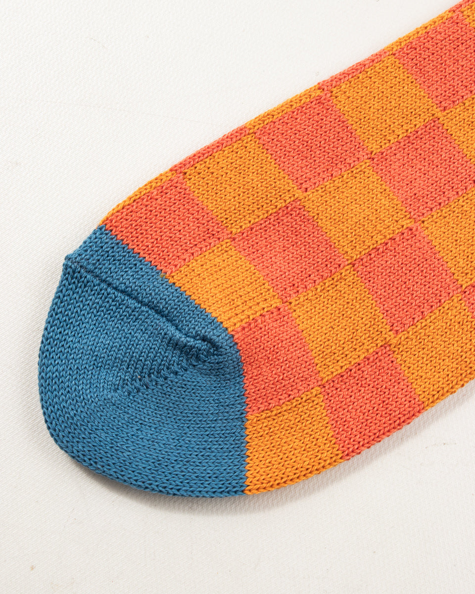 RoToTo Checkerboard Crew Socks - Light Orange/Terracotta/Blue - Standard & Strange