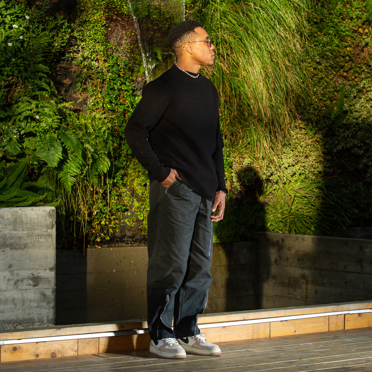 MotivMfg Micro Waffle Thermal Knit - Black Wool Linen Cotton Micro Waffle Knit - Standard & Strange