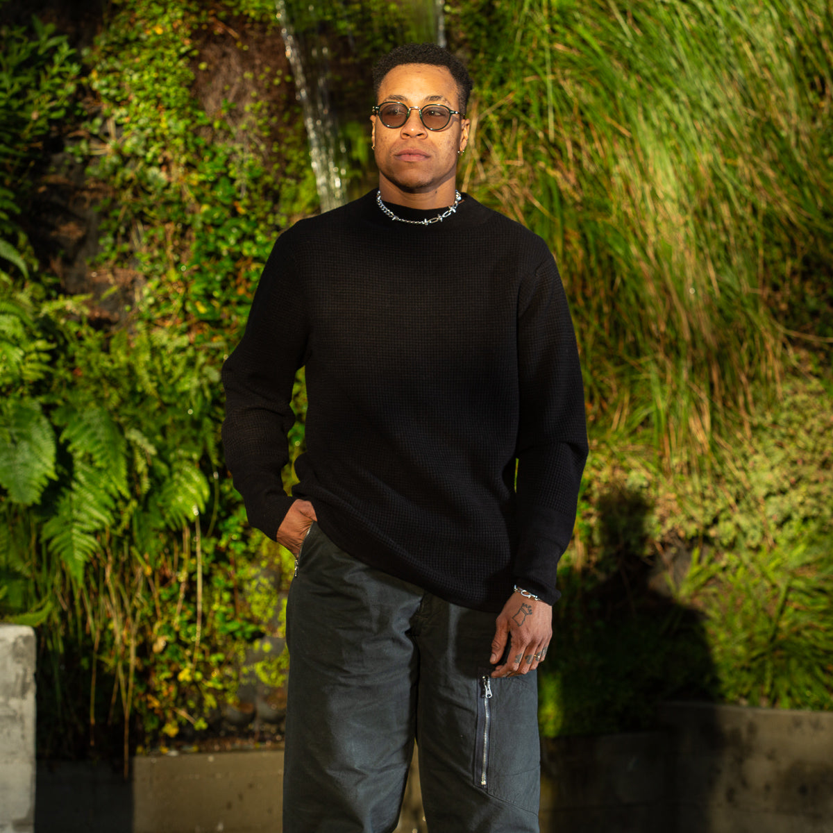 MotivMfg Micro Waffle Thermal Knit - Black Wool Linen Cotton Micro Waffle Knit - Standard & Strange