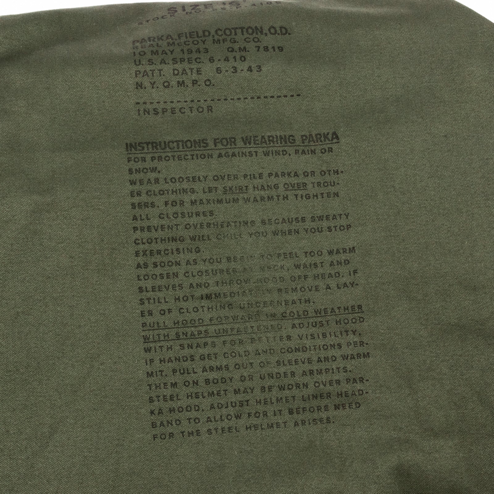 The Real McCoy's PARKA, FIELD, COTTON, OD - Standard & Strange