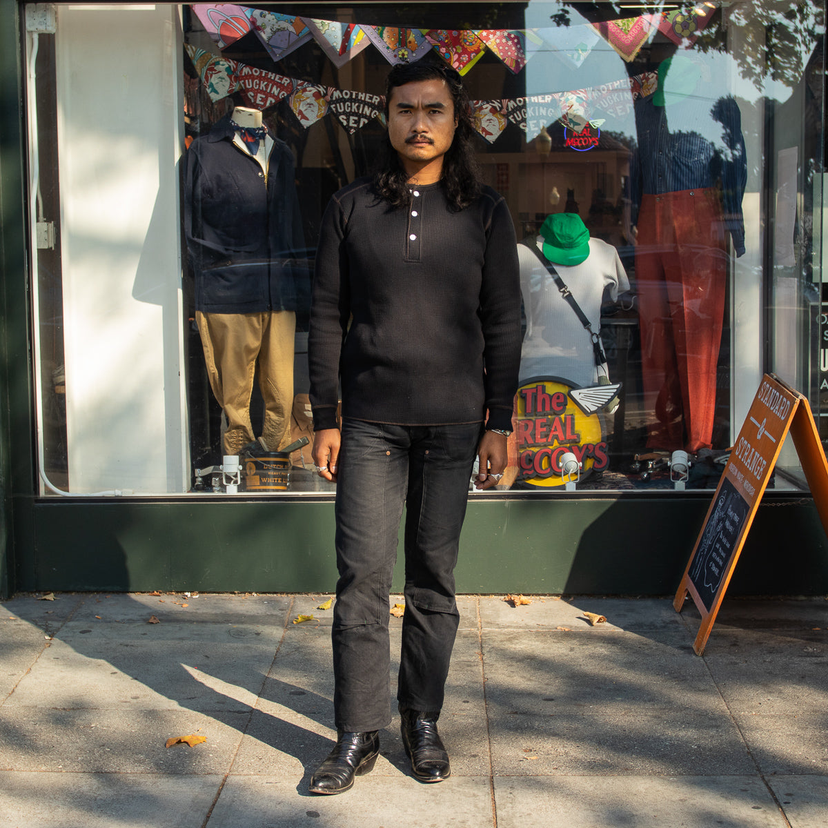 The Real McCoy's Joe McCoy Long Sleeve Waffle Henley - Black - Standard & Strange