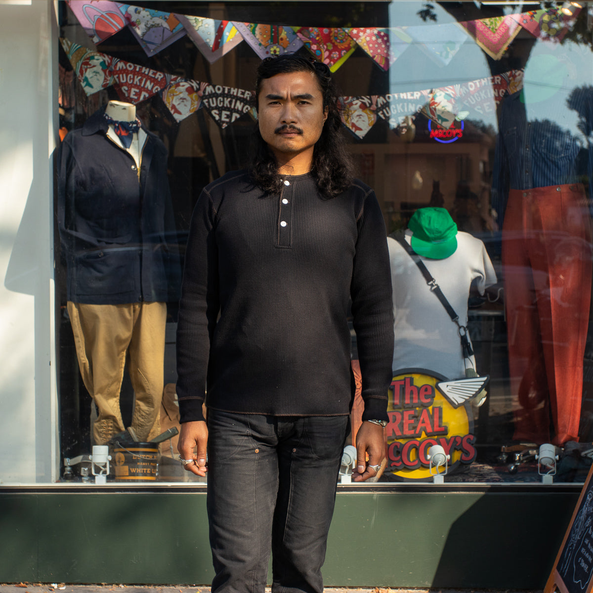 The Real McCoy's Joe McCoy Long Sleeve Waffle Henley - Black - Standard & Strange