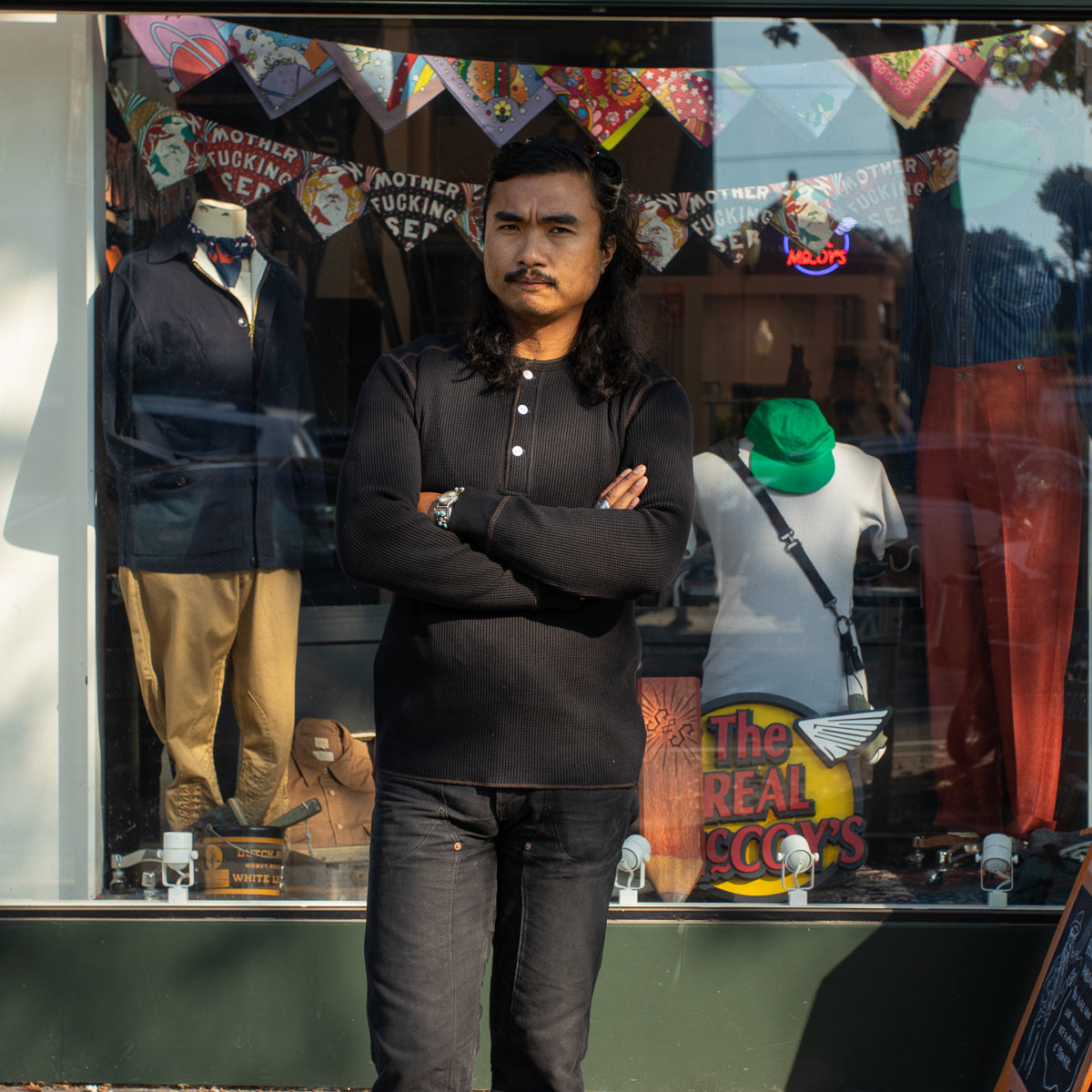 The Real McCoy's Joe McCoy Long Sleeve Waffle Henley - Black - Standard & Strange