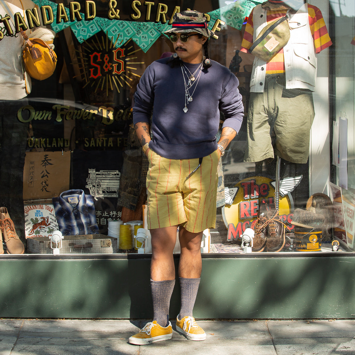 Kapital Cotton Linen SIAM Stripe EASY Shorts - Light Khaki - Standard & Strange