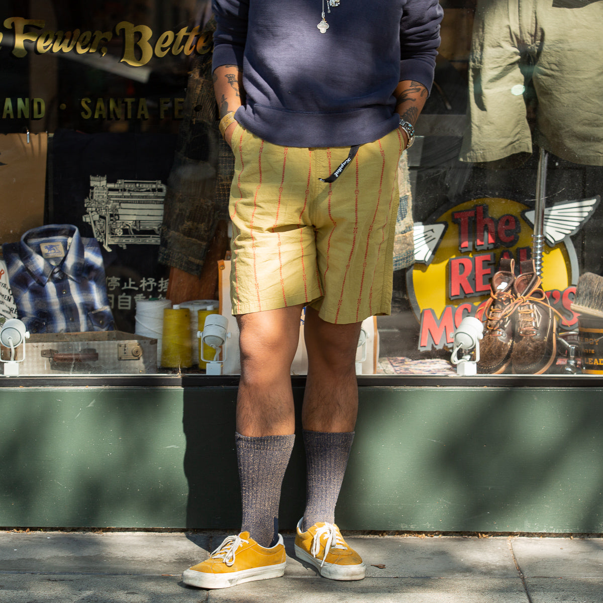 Kapital Cotton Linen SIAM Stripe EASY Shorts - Light Khaki - Standard & Strange