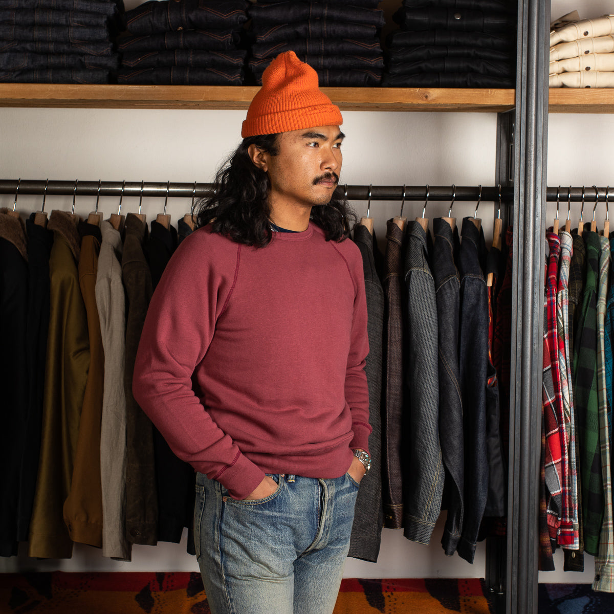 The Real McCoy's 9oz Loopwheel Raglan Sleeve Sweatshirt - Maroon - Standard & Strange