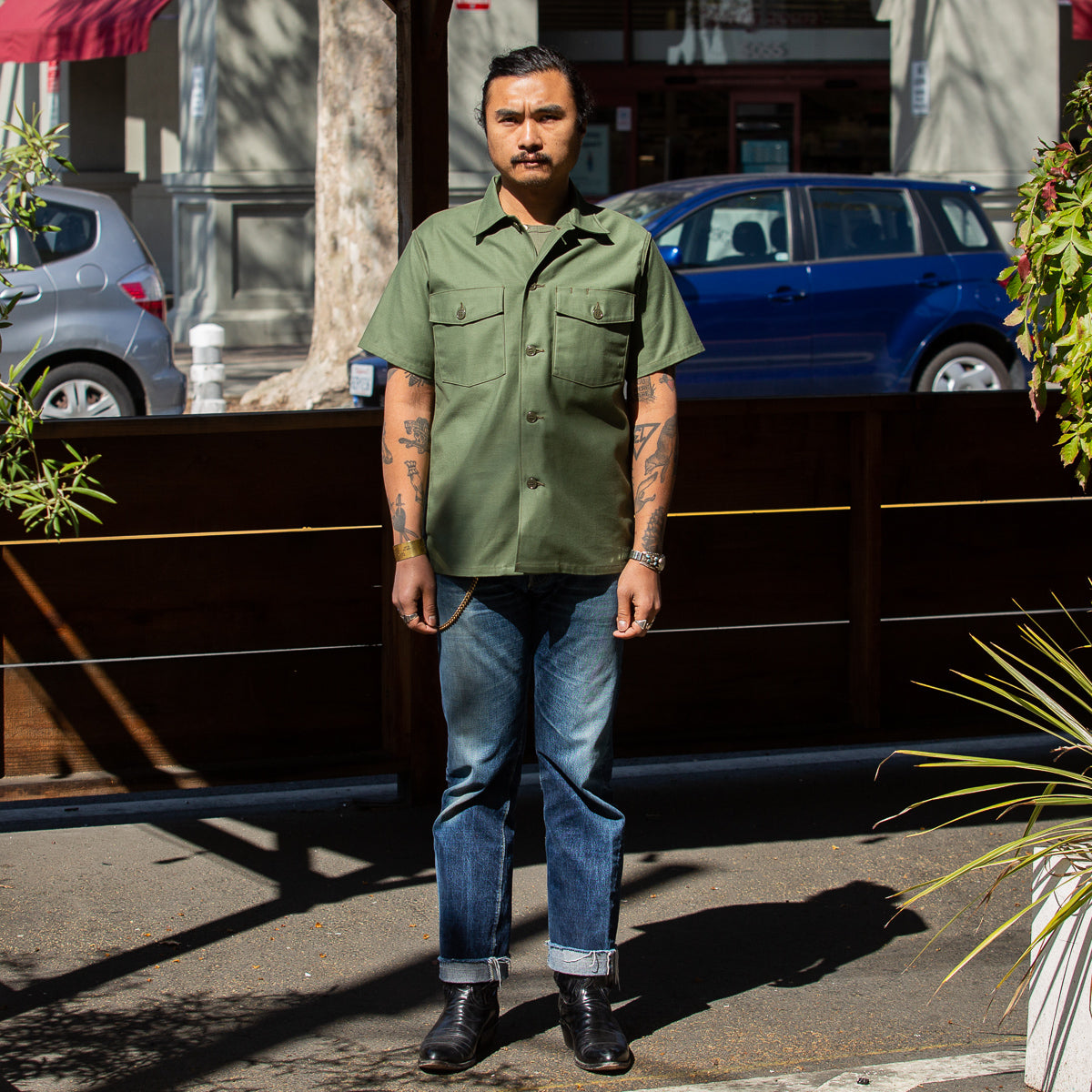 The Real McCoy's Cotton Sateen Shirt S/S - Olive Green - Standard & Strange