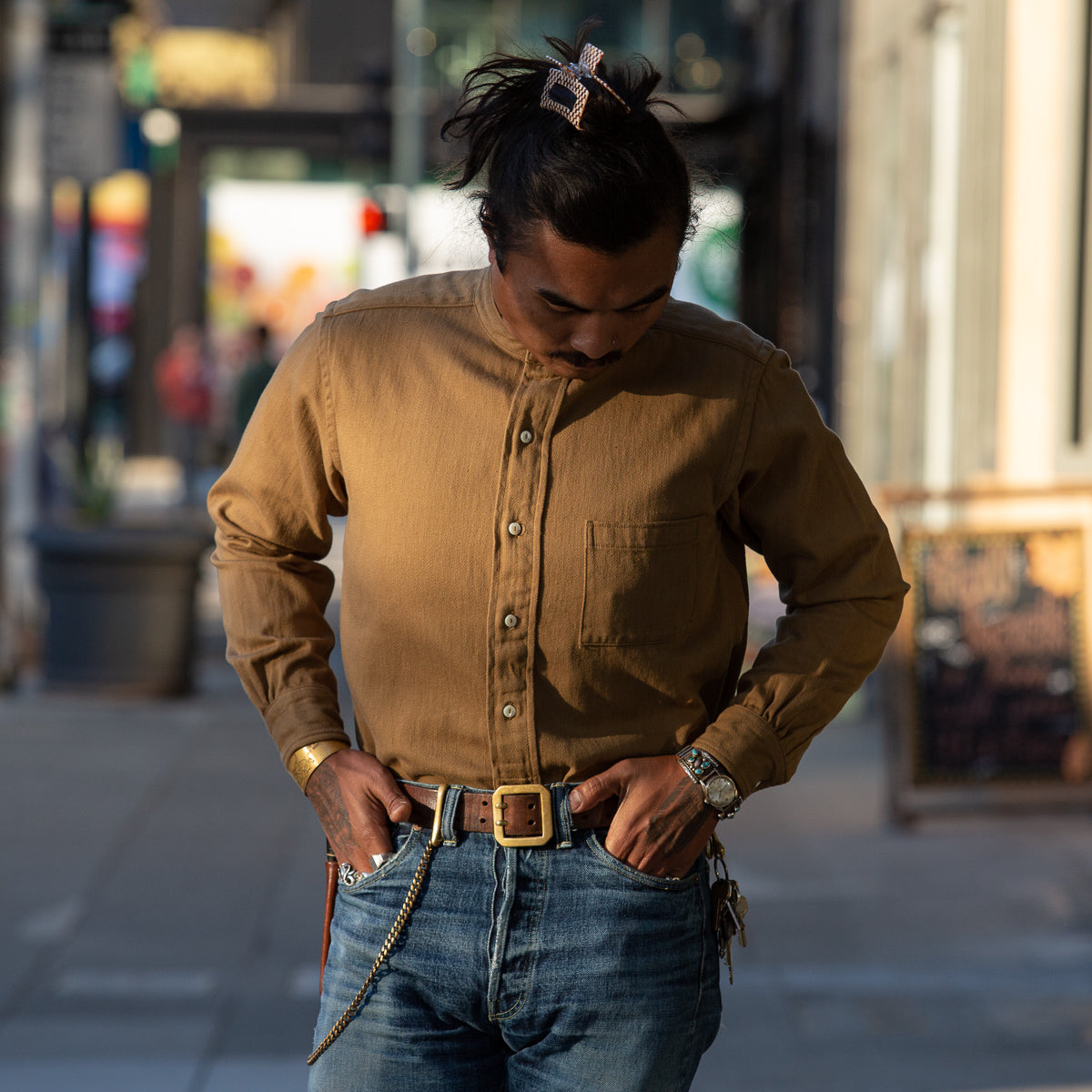 The Real McCoy's Double Diamond Band Collar Sateen Shirt - Khaki - Standard & Strange
