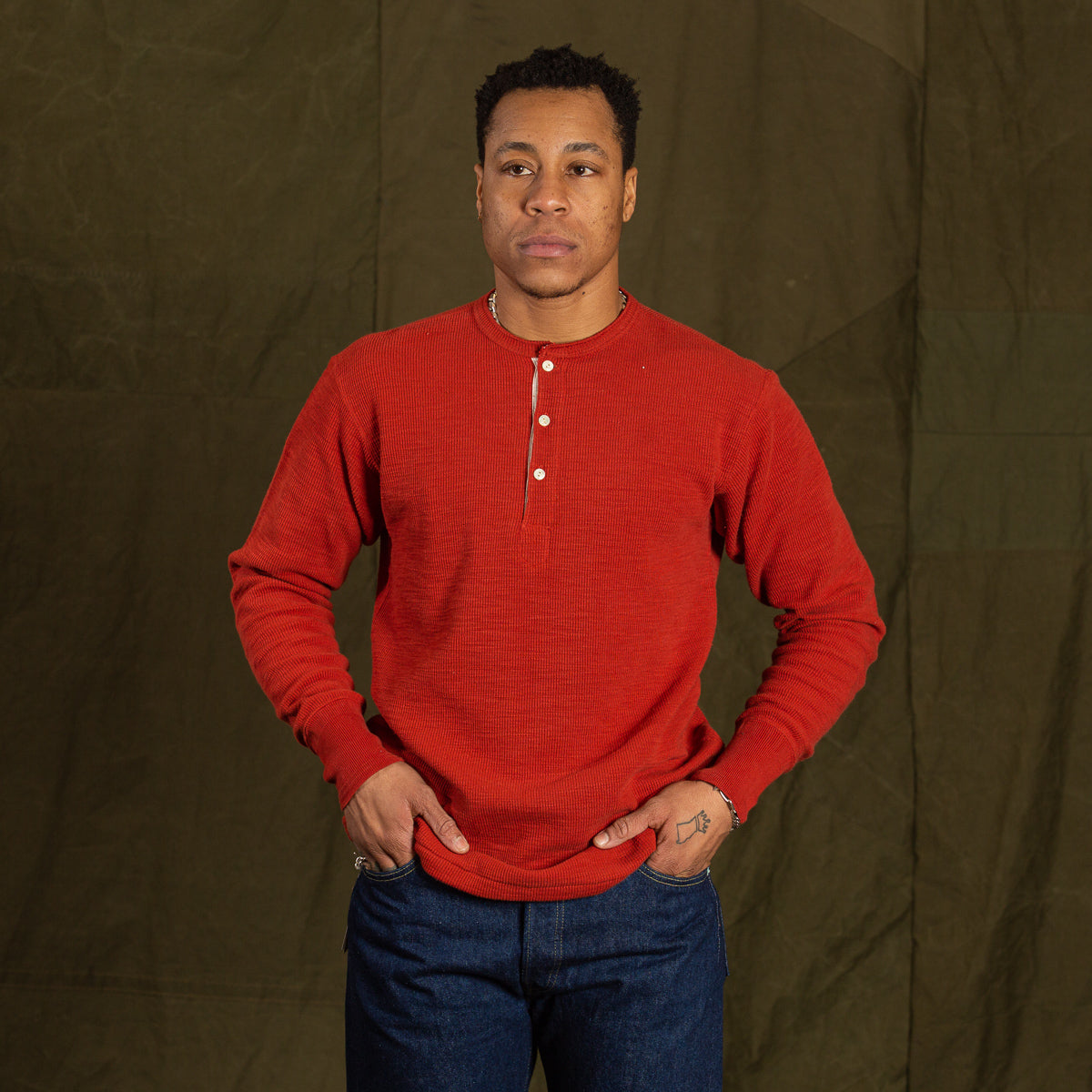 The Real McCoy's Western Cardigan Stitch Henley Shirt - Brick Red - Standard & Strange
