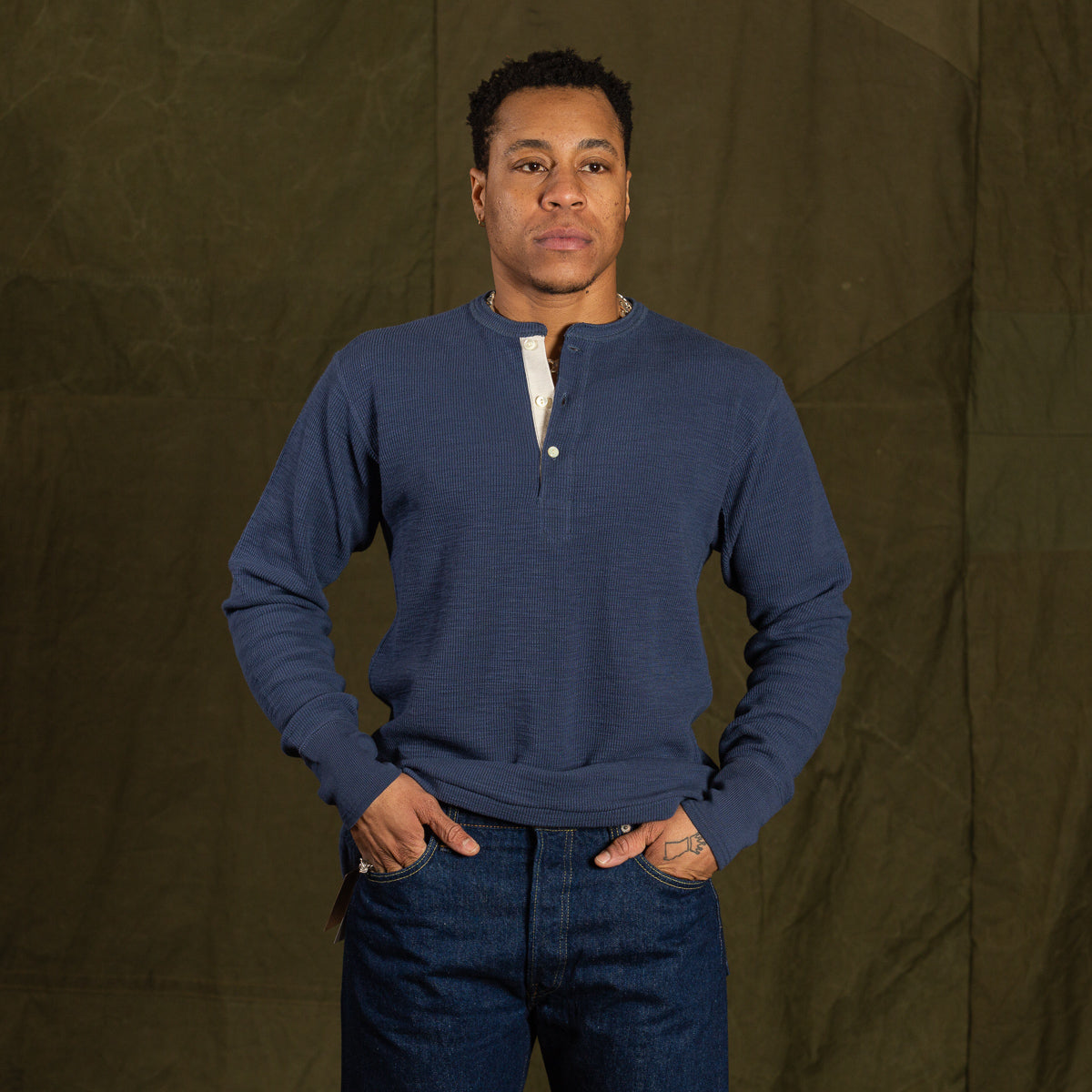 The Real McCoy's Western Cardigan Stitch Henley Shirt - Cobalt - Standard & Strange