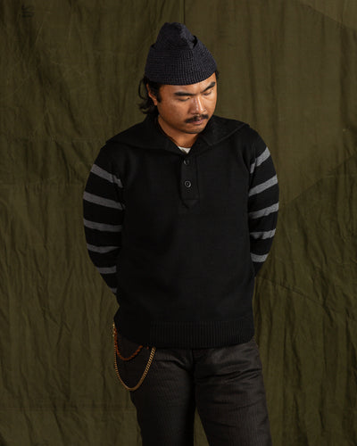 Black Sign 1920s Worsted Byron Collar Jersey x Border Sleeves - Mat Black x Rat Gray Border - Standard & Strange