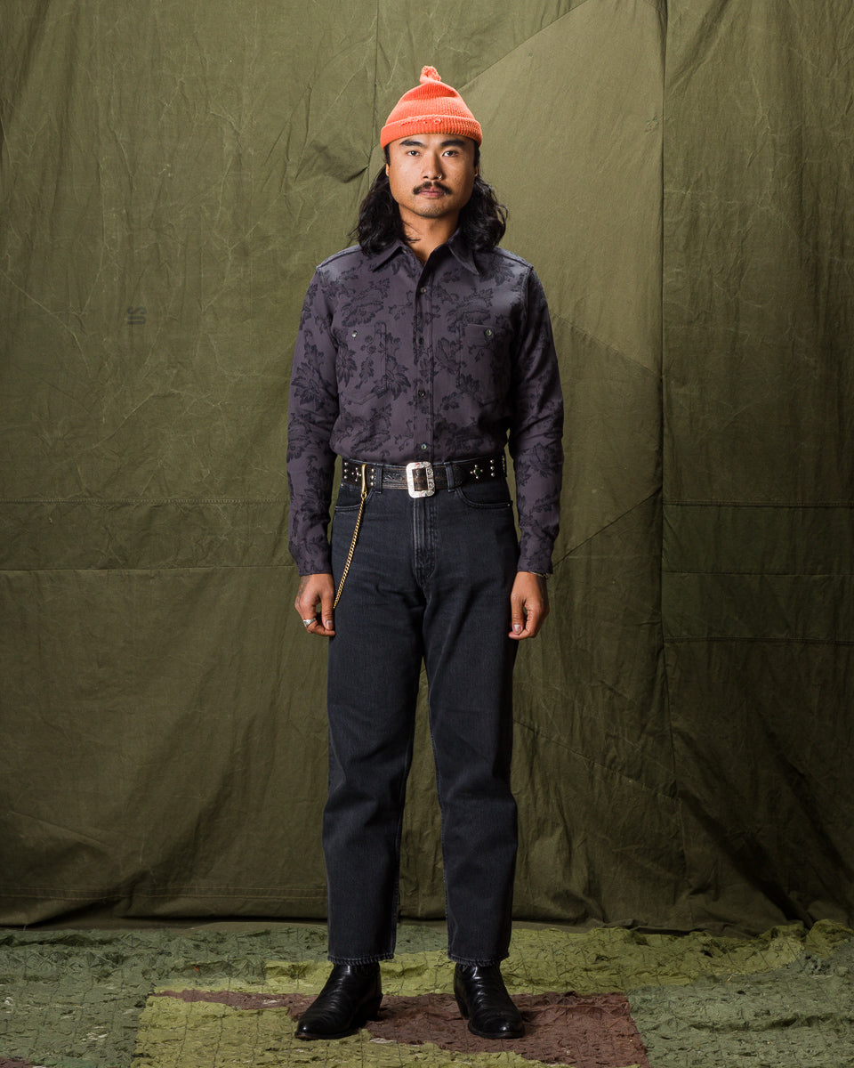 Black Sign Flower Jacquard Heavy Weight Open Pocket Work Shirt - Lead Gray - Standard & Strange