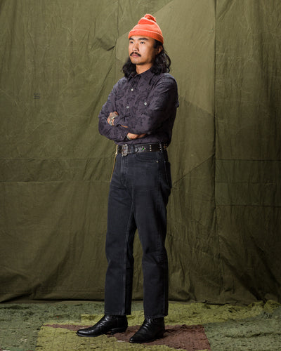 Black Sign Flower Jacquard Heavy Weight Open Pocket Work Shirt - Lead Gray - Standard & Strange