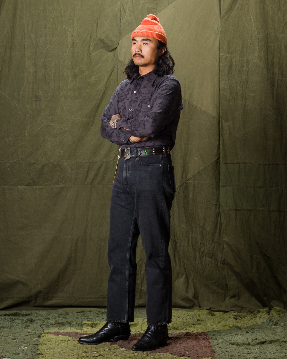 Black Sign Flower Jacquard Heavy Weight Open Pocket Work Shirt - Lead Gray - Standard & Strange