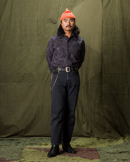 Black Sign Flower Jacquard Heavy Weight Open Pocket Work Shirt - Lead Gray - Standard & Strange